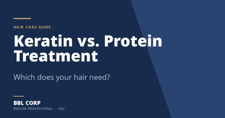 Illustrated guide card reading Keratin vs. Protein Treatment - which does your hair need